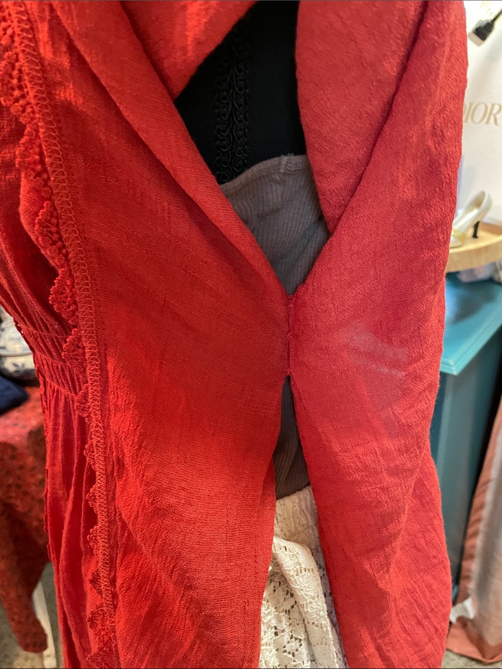 Boho Lace-Trim Rust Women's Top with Tassel Hem - Picture 10 of 17